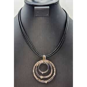 Chico's NWT Black Corded Hammered Silver Tone Rhinestone Circle Pendant Necklace